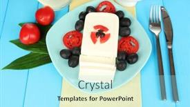  Presentation with feta cheese - Theme featuring feta cheese on plate decorated with spices and oil on blue wooden table close-up background and a arctic colored foreground