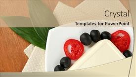  Presentation with feta cheese - PPT theme enhanced with feta cheese on plate decorated with olives and tomatoes on wooden table close-up background and a soft green colored foreground