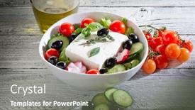  Presentation with feta cheese - Presentation consisting of feta traditional greek cheese and greek salad background and a gray colored foreground