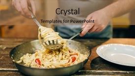  Presentation with rustic wood wooden frame - Slide deck having fettuccine - chef cooking pasta pan background and a  colored foreground