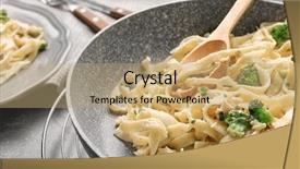  Presentation with frying - Audience pleasing slide set consisting of fettuccine - frying pan with delicious chicken backdrop and a coral colored foreground
