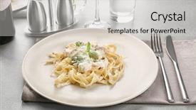  Presentation with pasta - Slide set having fettuccine - plate of delicious pasta alfredo background and a light gray colored foreground