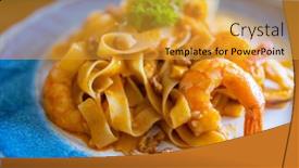  Presentation with shrimp - Slide deck with fettuccine-pasta-with-shrimp-tomatoes background and a gold colored foreground