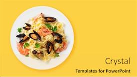  Presentation with water top view of amazon - PPT theme featuring fettuccine-seafood-pasta-top-view background and a yellow colored foreground