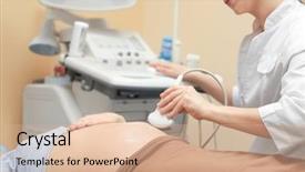  Presentation with ultrasound - Beautiful slide deck featuring fetus - pregnant woman undergoing ultrasound scan backdrop and a coral colored foreground