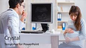  Presentation with pregnant woman doctor - Slide deck with fetus - pregnant woman visiting doctor background and a light blue colored foreground