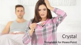  Presentation with fetus - Slide set consisting of fetus pregnant women - confused wife sitting on bed background and a soft green colored foreground