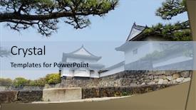  Presentation with osaka - PPT theme featuring feudal ninja - osaka castle and moat background and a light blue colored foreground