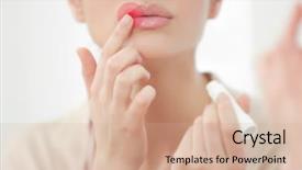  Presentation with herpes virus - Slide set featuring fever - woman applying balm on lips background and a coral colored foreground