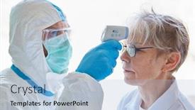  Presentation with covid coronavirus - Presentation having fevers-measure-forehead-by-infrared background and a light blue colored foreground