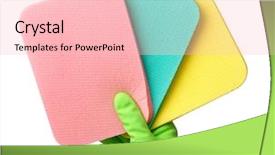  Presentation with sponges - Theme featuring few colorful washing sponges in hand wearing yellow glove isolated over white background and a lemonade colored foreground