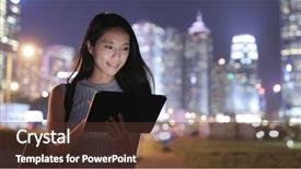  Presentation with city - Slide set featuring fhone - woman looking at tablet computer background and a  colored foreground