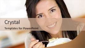  Presentation with eating - Audience pleasing theme consisting of fiber foods - beautiful brunette eating cereals backdrop and a coral colored foreground