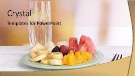  Presentation with fiber foods - Presentation theme having fiber foods - sliced fruits and berries background and a coral colored foreground