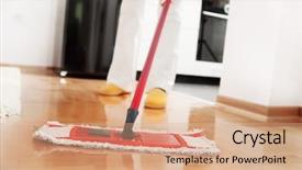  Presentation with mopping - Slides consisting of fiber home - house cleaning -mopping hardwood floor background and a coral colored foreground