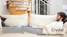  Presentation with man relaxing on massage table - Presentation featuring fiber home - man using a laptop while background and a lemonade colored foreground