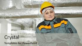  Presentation with thermal insulation - Presentation design featuring fiber installation - thermal insulation female insulation worker background and a light gray colored foreground
