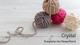  Presentation with wool - Theme with fiber yarn fabric - balls of wool on wooden background and a light gray colored foreground