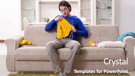  Presentation with knitting - Cool new PPT theme with fiberhome - young good looking man knitting backdrop and a violet colored foreground