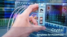  Presentation with server room - Beautiful theme featuring fibre optique - man working in network server backdrop and a ocean colored foreground