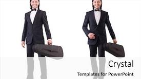  Presentation with case studies - Beautiful PPT theme featuring fiddle - man with violin case isolated backdrop and a white colored foreground