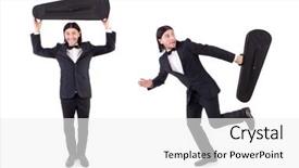  Presentation with case studies - Cool new presentation design with fiddle - man with violin case isolated backdrop and a white colored foreground