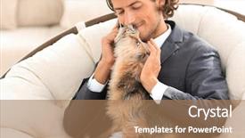  Presentation with pet - Beautiful PPT theme featuring fidelity - businessman is holding his pet backdrop and a coral colored foreground