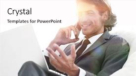  Presentation with smartphone - Presentation theme having fidelity - businessman talking on smartphone sitting background and a white colored foreground