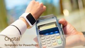  Presentation with nfc technology - Audience pleasing PPT layouts consisting of field communication - woman using smartwatch for paying backdrop and a lemonade colored foreground