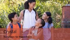  Presentation with teacher - Audience pleasing PPT theme consisting of educational field trips - happy teacher looking at girls backdrop and a red colored foreground