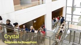  Presentation with waiting line - Presentation design consisting of field trips - large group of people waiting background and a violet colored foreground