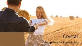  Presentation with golden woman - Slide deck featuring field with bunch of haystack background and a yellow colored foreground