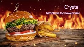  Presentation with hamburger - Theme enhanced with fiery - delicious hamburger with fire background and a wine colored foreground