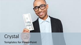  Presentation with blonde holding magnifying glass - Beautiful PPT layouts featuring fifty dollars - cheerful young businessman in glasses backdrop and a light blue colored foreground