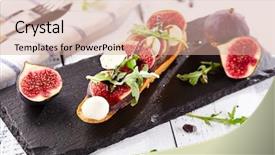  Presentation with rocket - PPT layouts featuring fig and goat cheese bruschetta with rocket salad background and a coral colored foreground