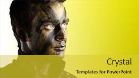  Presentation with terrorism - Cool new PPT theme with fight terrorism - portrait of a young soldier backdrop and a yellow colored foreground