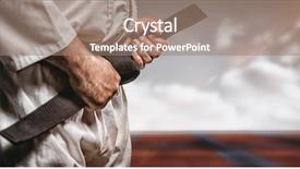  Presentation with karate - Amazing PPT theme having fighter tightening karate belt backdrop and a coral colored foreground