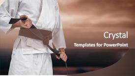  Presentation with karate - PPT layouts consisting of fighter tightening karate belt background and a coral colored foreground