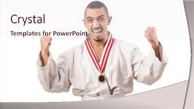 Presentation with karate - PPT layouts having fighter with cup on white background and a sky blue colored foreground