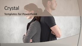  Presentation with people helping each teamwork couple - Audience pleasing presentation theme consisting of irritated couple ignoring each other against weathered surface backdrop and a coral colored foreground