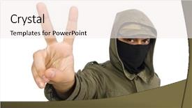  Presentation with terrorism - Colorful presentation design enhanced with fighting terrorism - criminal wearing mask isolated backdrop and a sky blue colored foreground