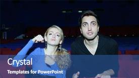  Presentation with movie theater - Amazing slide deck having figth - young aggressive man and woman backdrop and a  colored foreground