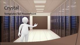  Presentation with server room - Cool new slides with figure speech - white character orating against server backdrop and a coral colored foreground