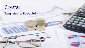  Presentation with workplace - Presentation theme enhanced with figures coins balancing - graphs charts business table background and a sky blue colored foreground