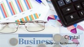  Presentation with workplace - Beautiful theme featuring figures coins balancing - graphs charts business table backdrop and a light blue colored foreground