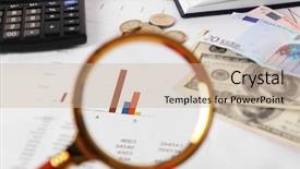  Presentation with magnifying glass - Colorful presentation enhanced with figures coins balancing - magnifying glass on financial documents backdrop and a soft green colored foreground