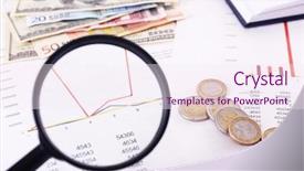  Presentation with magnifying glass - Amazing slide deck having figures coins balancing - magnifying glass on financial documents backdrop and a sky blue colored foreground