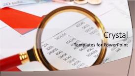  Presentation with magnifying glass - PPT theme enhanced with figures coins balancing - magnifying glass on financial documents background and a light gray colored foreground