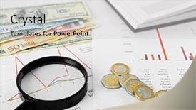  Presentation with magnifying glass - Slide deck enhanced with figures coins balancing - magnifying glass on financial documents background and a light gray colored foreground