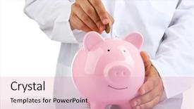  Presentation with piggy bank - Slide deck having figures coins balancing - man put coin background and a  colored foreground